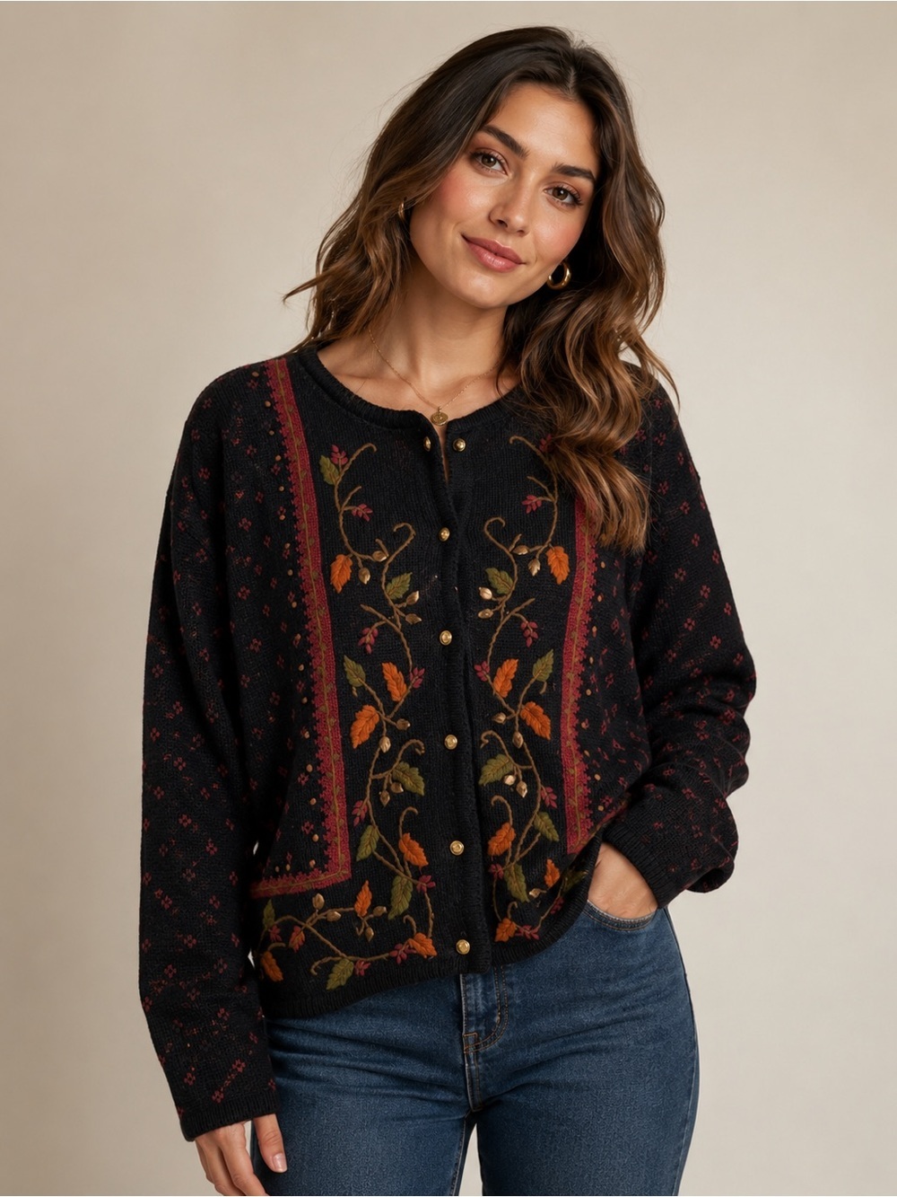 VTG Crystal-Kobe Floral Cardigan Sweater Womens Small Black Autumn Cottagecore